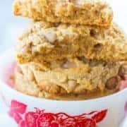 Close up Stack of Chewy Peanut Butter Cookies in a white Bowl with strawberry print