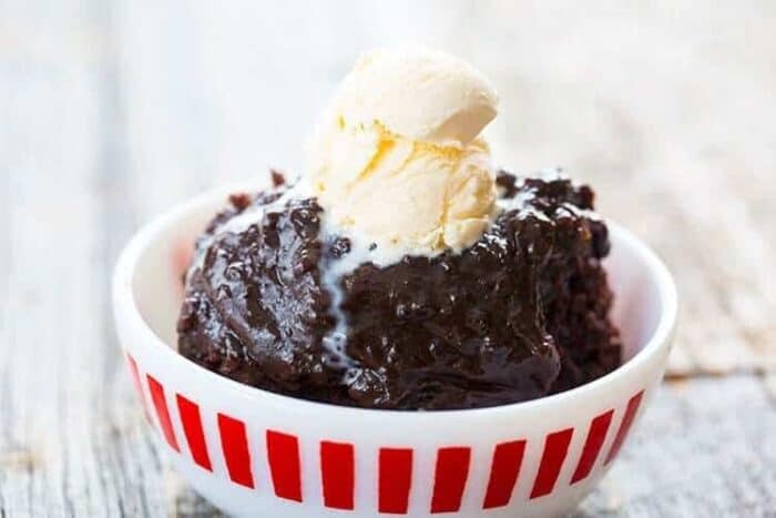 Death By Chocolate Slow Cooker Lava Cake in a Bowl Topped with vanilla ice cream