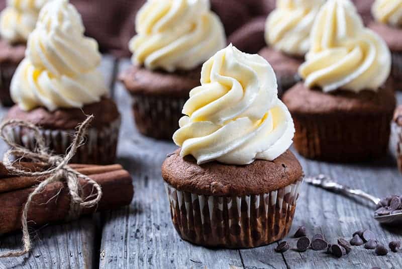 buttercream frosting on chocolate cupcakes, tied cinnamon sticks and chocolate chips on sides