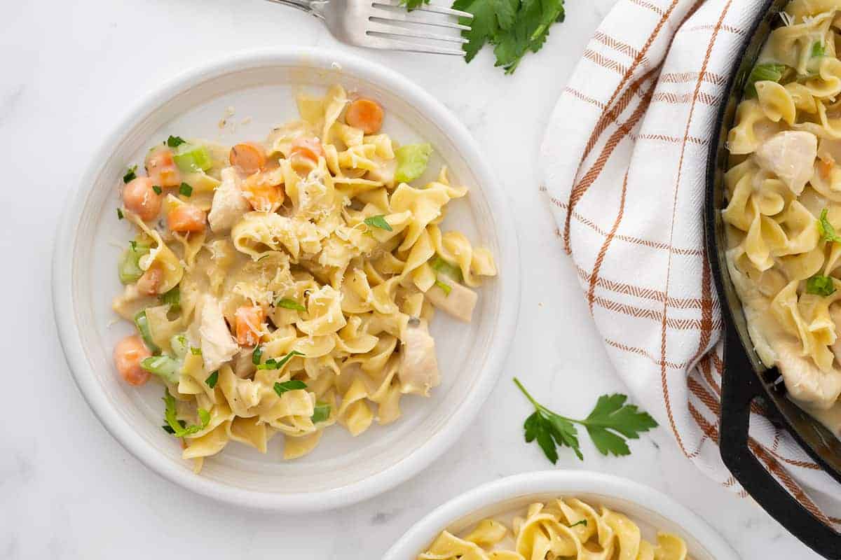 Chicken and Noodles with vegetables in a white plate