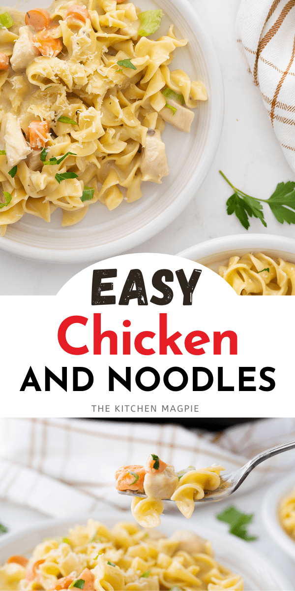This quick and easy chicken and noodles recipe is the perfect dinner when you don't have time to fuss! Not only is it easy to customize with whatever vegetables you want, but you can also adjust the flavor by using different canned soups in it.