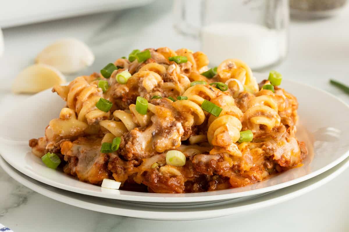 sour cream noodle bake on a white plate