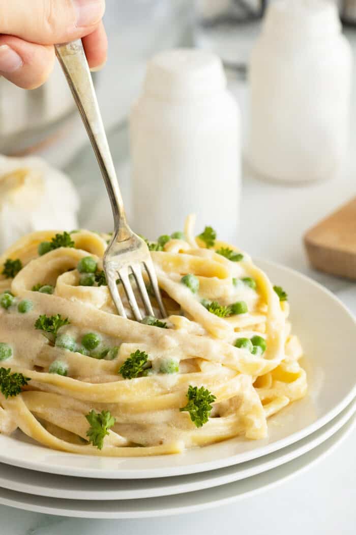 5 ingredient cream cheese Alfredo sauce piled high on a white plate with a fork in the top.