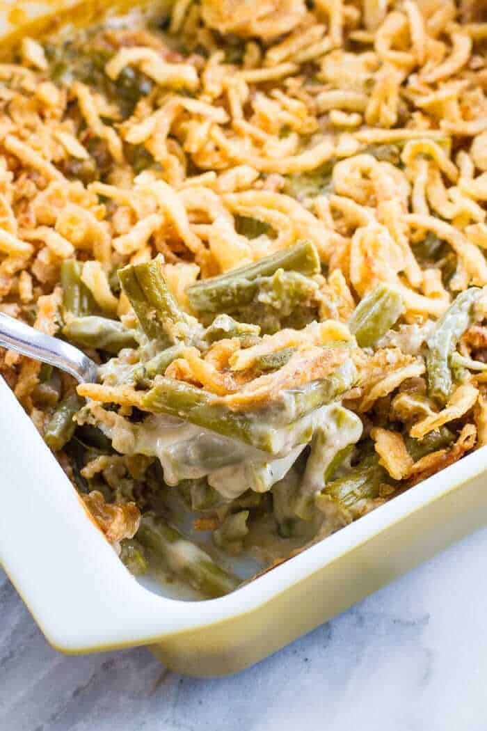 Asparagus Green Bean Casserole with crunchy fried onions