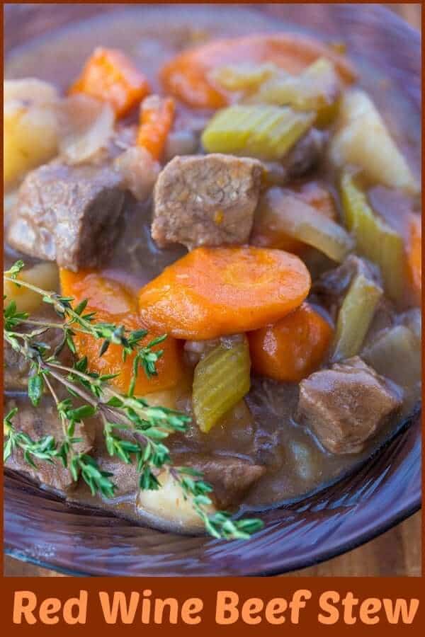 Red wine gives this beef stew a delicious flavour boost, while the tender beef and vegetables make this a hearty meal. #stew #soup #beef #redwine #recipe #slowcooker #crockpot #vegetables #winterfood 