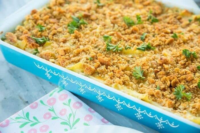 Chicken and Egg Noodle Casserole in a Blue Baking Pan