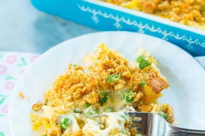 Chicken and Egg Noodle Casserole with Ritz Topping on a white plate and a fork in it