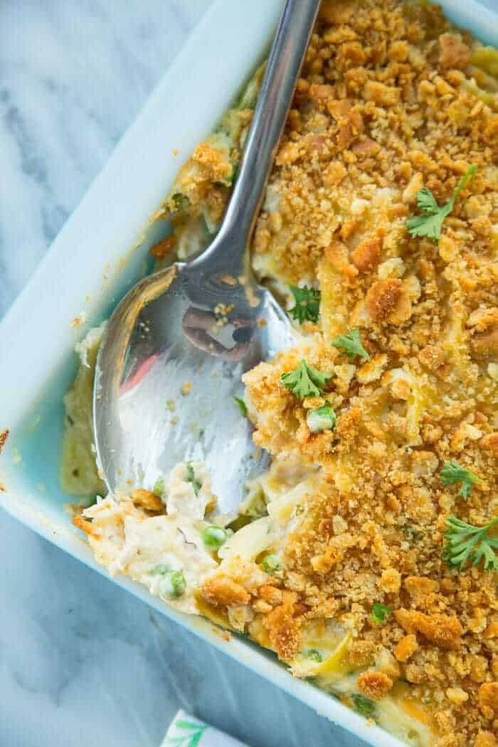 Close up of Chicken and Egg Noodle Casserole with Ritz Topping