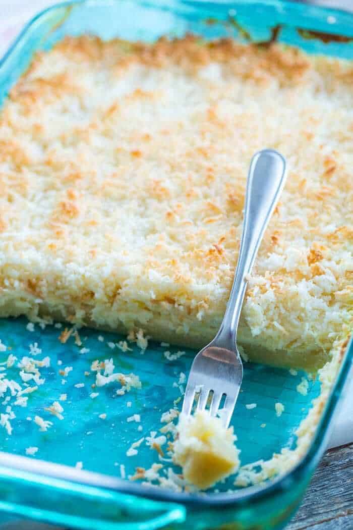 Hawaiian Cheesecake Bars unsliced in the pan