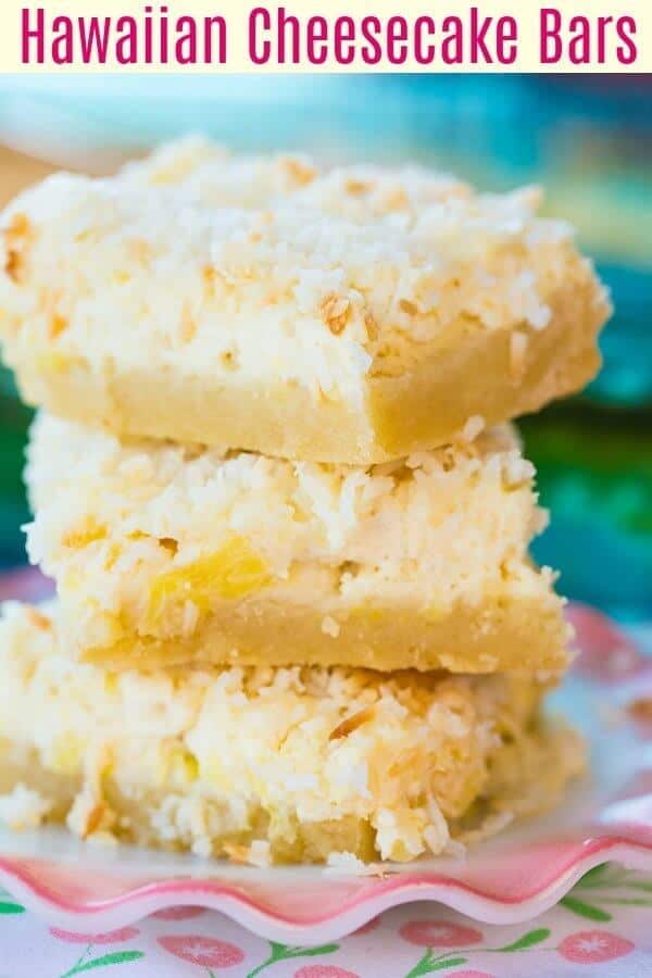 The old fashioned Hawaiian Cheesecake Bars have a shortbread crust followed by a pineapple cheesecake layer, topped with buttery toasted coconut!#pineapple #hawaiian #dessert #bars #squares #coconut #baking #cheesecake #creamcheese