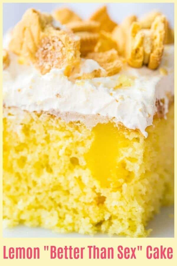 Hold on to yer horses, this Lemon Better Than Sex Cake is BETTER than the original better than sex cake! You can have the chocolate, give me all of the lemon cake please! #lemon #dessert #nobake #betterthansexcake #cake #pudding #recipe #cookies #whippedcream 