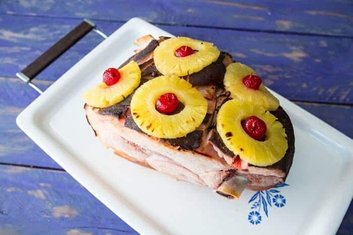 Retro 7-Up, Pineapple & Cherry Slow Cooker Ham on a vintage Corelle Serving Platter