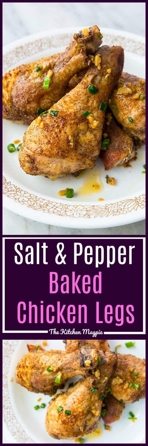 Amazing, mind-blowing salt and pepper oven baked chicken legs. Green onion, garlic and sesame oil make these the most amazing chicken legs that you will ever eat. #chicken #recipes #chickenlegs #bakedchickenlegs #dinner #familyfood #chickendinner