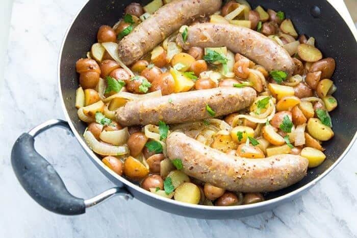 Sausage and Potato with Mustard in a Skillet