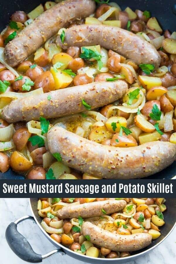 Sweet Mustard Sausage and Potato Skillet with Onions. This easy dinner is sure to be a new family favourite! #sausage #potato #dinner #recipe #skillet #potatoes #onions #supper #lunch 