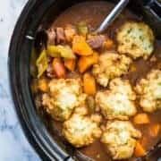 Beef & Sweet Potatoes in a cooking spoon from the Stew in Slow Cooker