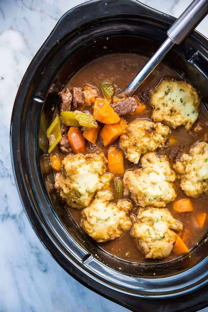 Beef & Sweet Potatoes in a cooking spoon from the Stew in Slow Cooker