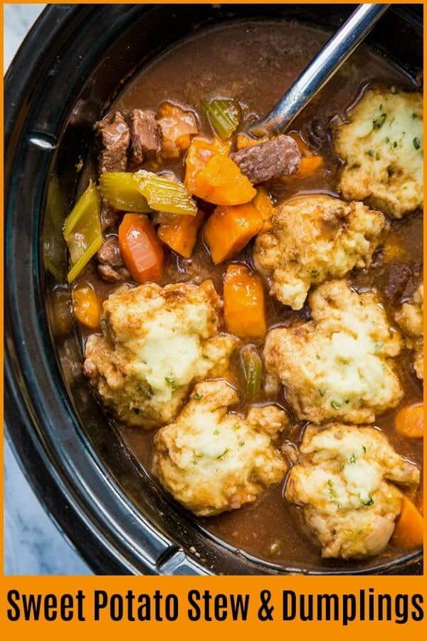 This Slow Cooker Beef & Sweet Potato Stew proves that you don't need normal potatoes to make one amazing stew! #stew #slowcooker #crockpot #sweetpotato #recipe #beef #dumplings #dinner #supper 