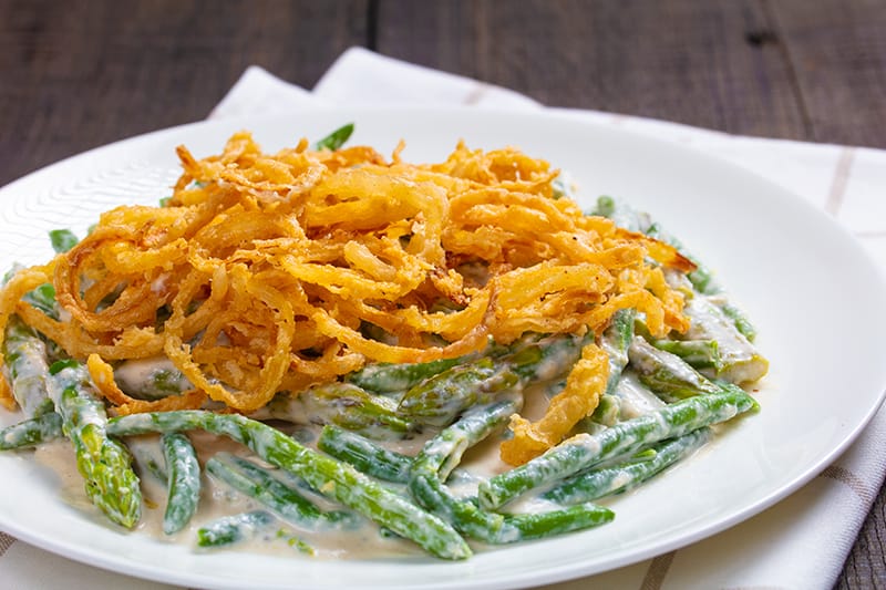 Asparagus Green Bean Casserole in a white plate