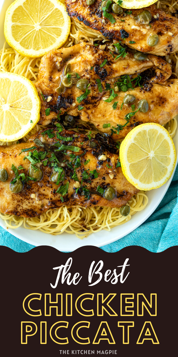 Crispy coated chicken breasts are cooked in a white wine, lemon and caper sauce and served over angel hair pasta. #lemon #chicken #piccata #pasta