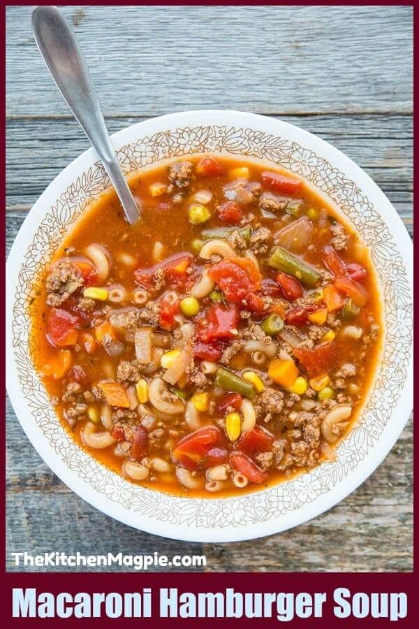 macaroni hamburger soup in a Pyrex Woodland pattern bowl