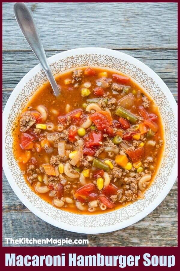 macaroni hamburger soup in a Pyrex Woodland pattern bowl 