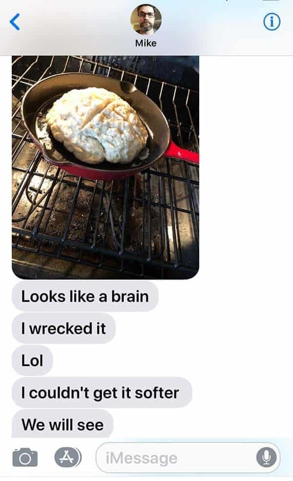 screen shot of a chat message with photo of Irish Soda Bread in Red Skillet