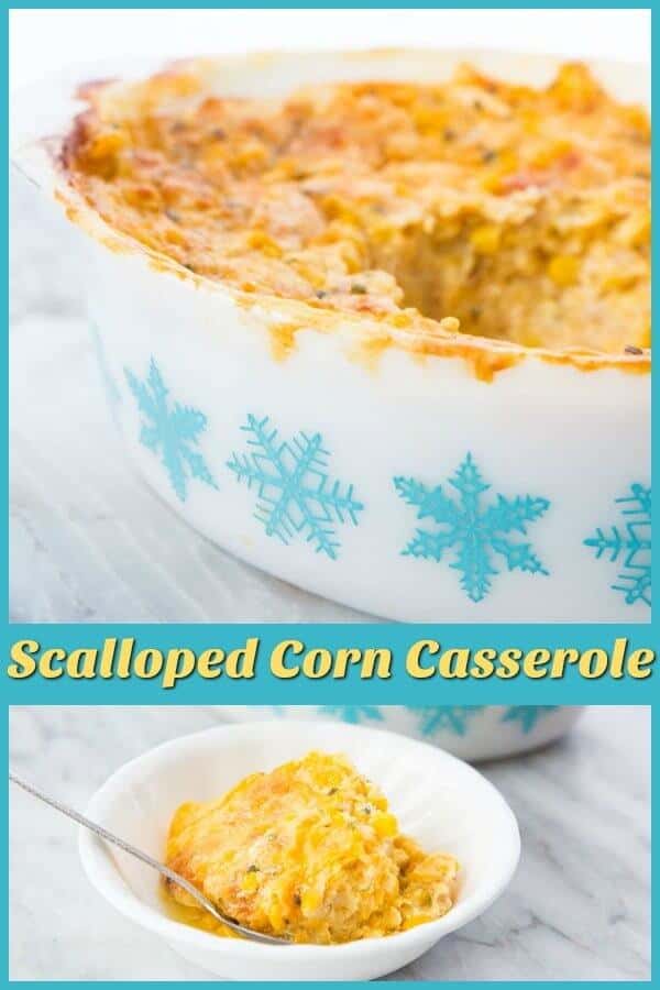 This scalloped corn casserole is made with creamed corn, corn niblets, eggs, milk and Ritz Cracker and bakes up as a creamy, delicious corn side dish! #corn #scalloped #creamedcorn #casserole #easter #christmas #thanksgiving #vegetable #sidedish #recipe #retro 