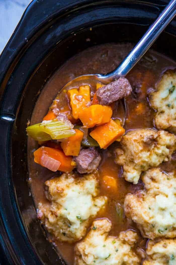 Beef & Sweet Potatoes in a cooking spoon from the Stew in Slow Cooker 