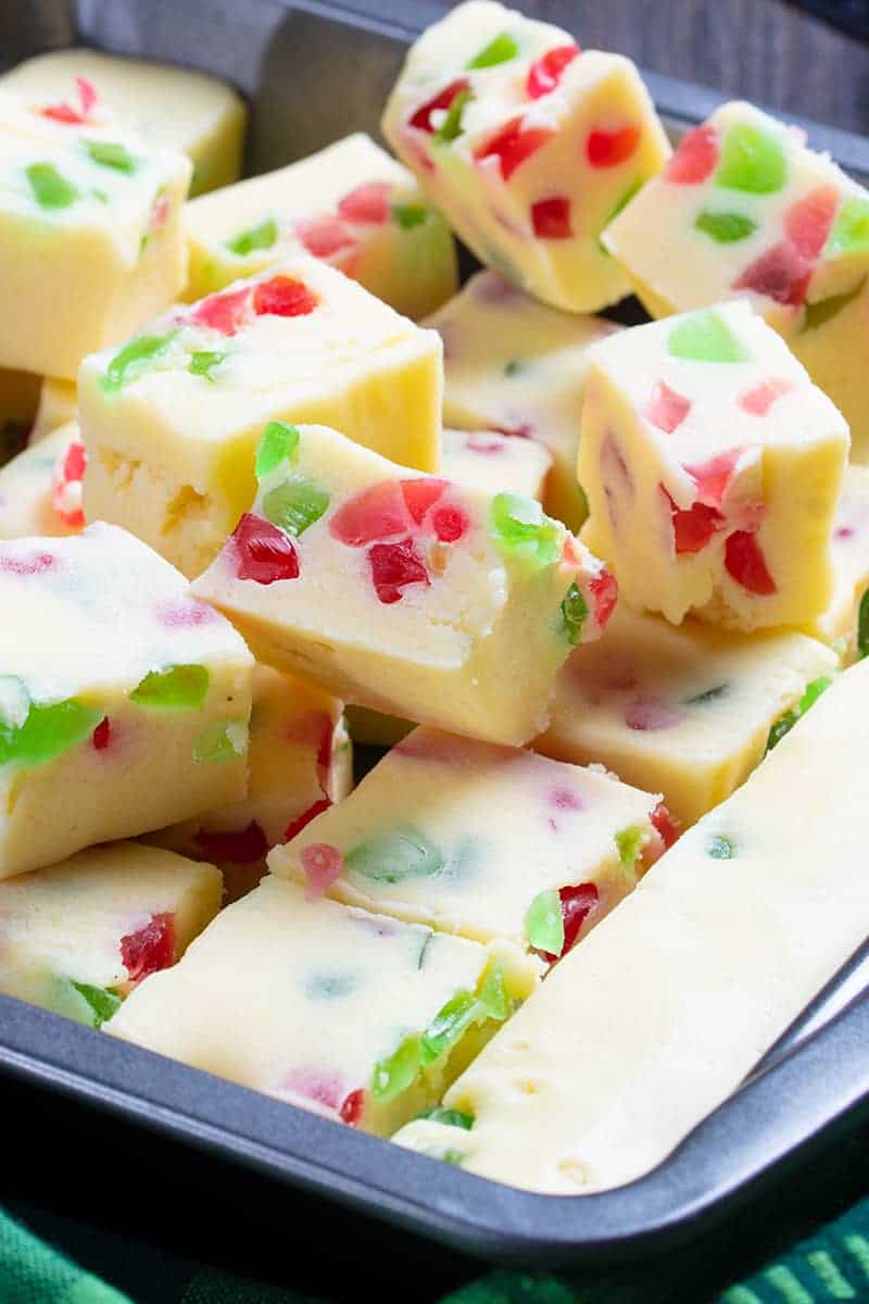 close up slices of Christmas Fudge on pan