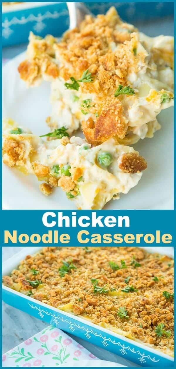 There is nothing like a classic Chicken and Egg Noodle Casserole to make you feel like you're at your Mom's or Grandma's dinner table again. This buttery Ritz topped chicken and egg noodle casserole is creamy, delicious and entirely soul-satisfying! #casserole #chicken #noodles #chickensoup #eggnoodles #recipe #dinner #supper #familyfood 