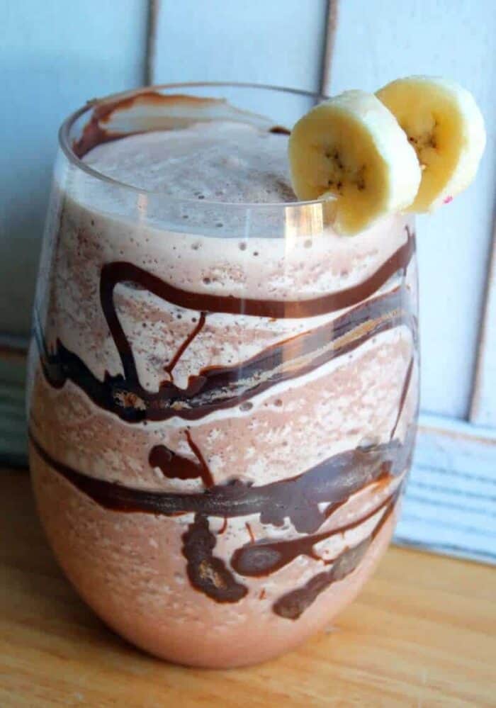 Close up of Chunky Monkey Cocktail Garnish with two slices of bananas