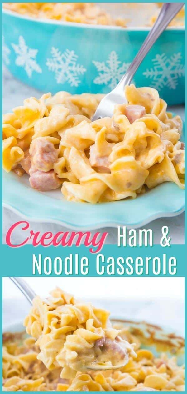 Make dinnertime a snap with my Creamy Ham and Noodle Casserole! This is also perfect if you are looking for a leftover ham recipe! #ham #casserole #dinner #supper #recipe #noodles #mushroomsoup 