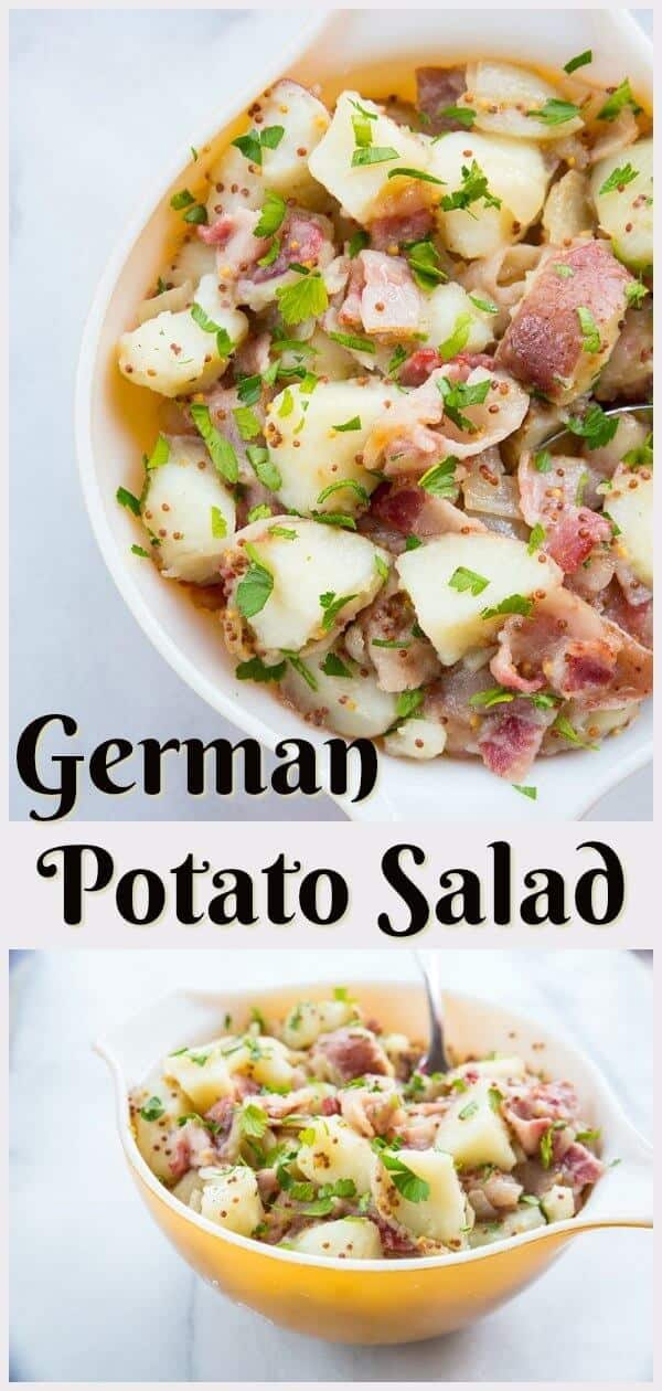 This German potato salad is tossed in a vinegar, onion and bacon dressing, with a whole grain mustard added in for a delicious, crunchy kick! #potato #salad #recipe #german #picnic #food