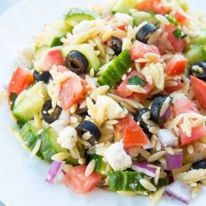 Greek Orzo Salad close up of tomatoes, orzo, black olives feta and purple onions in a white bowl