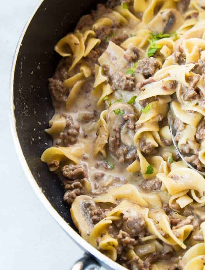 Close up of ground beef stroganoff with creamy sauce