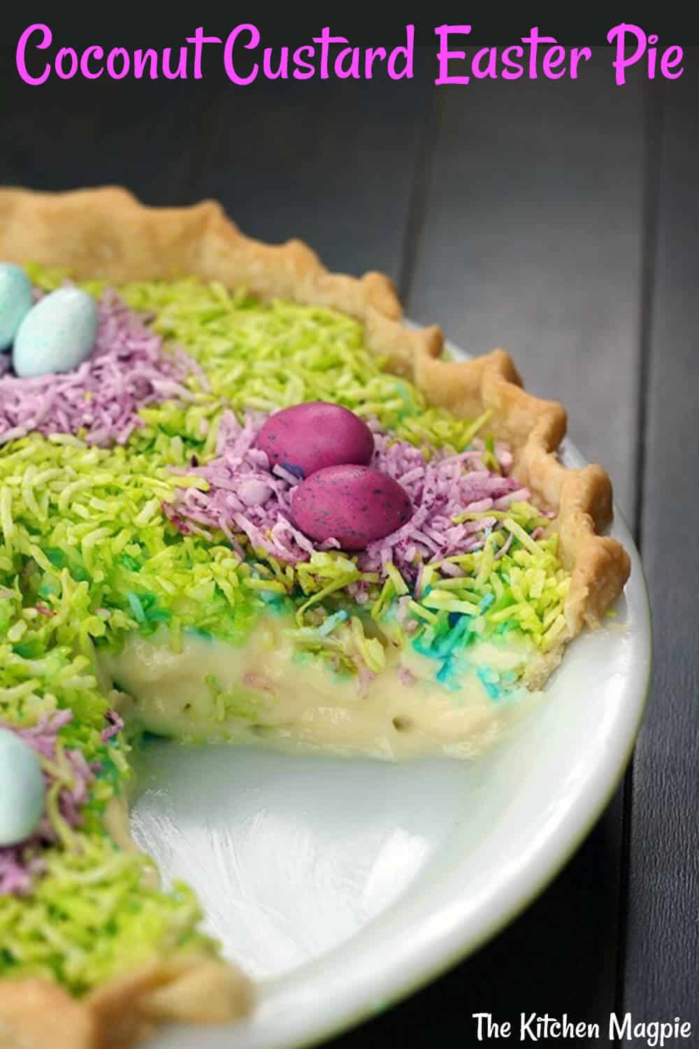 This gloriously colored Coconut Custard Easter Pie is sure to be the hit of your Easter dinner! Easy, fast and delicious! #dessert #easter #coconut #pie