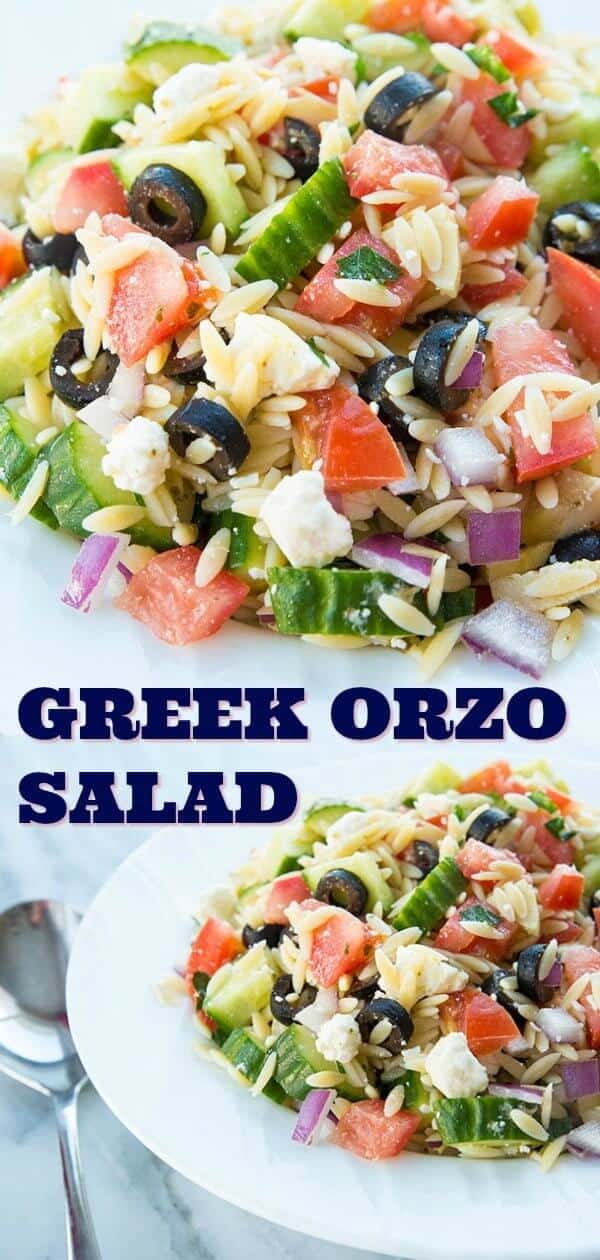 Greek Orzo Salad- tomatoes, orzo, black olives feta and purple onions combined with orzo and a Greek olive oil vinaigrette makes this a healthy and delicious dinner! #salad #pastasalad #greeksalad #healthy #familyfood #recipe 