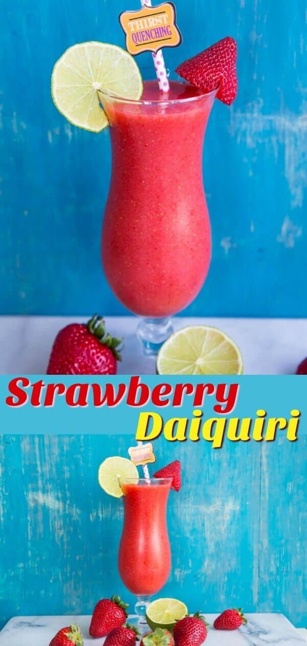 This Strawberry Daiquiri uses fresh strawberries and frozen strawberries instead of the usual crushed ice cubes. Who the heck wants ice when you can use frozen strawberries instead? This is the perfect cocktail to welcome spring and the first strawberries of the garden season....and to drink all summer long while sitting in the sun!  #summer #cocktails #mocktails #rum #strawberry #drinks #recipe 