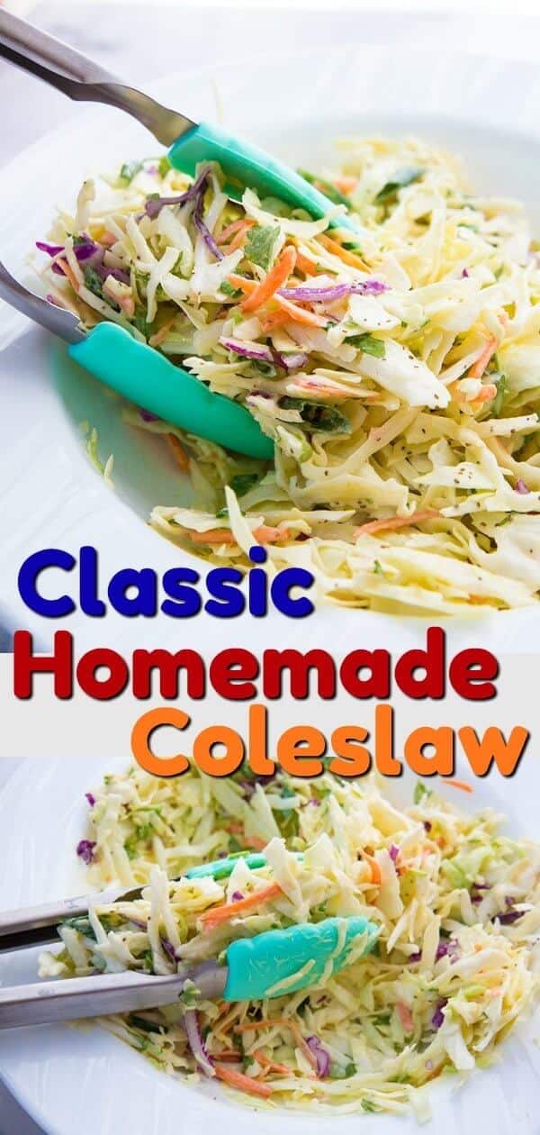 This Classic Homemade Coleslaw Recipe tastes just like Grandma used to make! The secret is always using celery seeds, I just can't have coleslaw without them! #coleslaw #salad #BBQ #picnic #cabbage #carrots #vegetables 