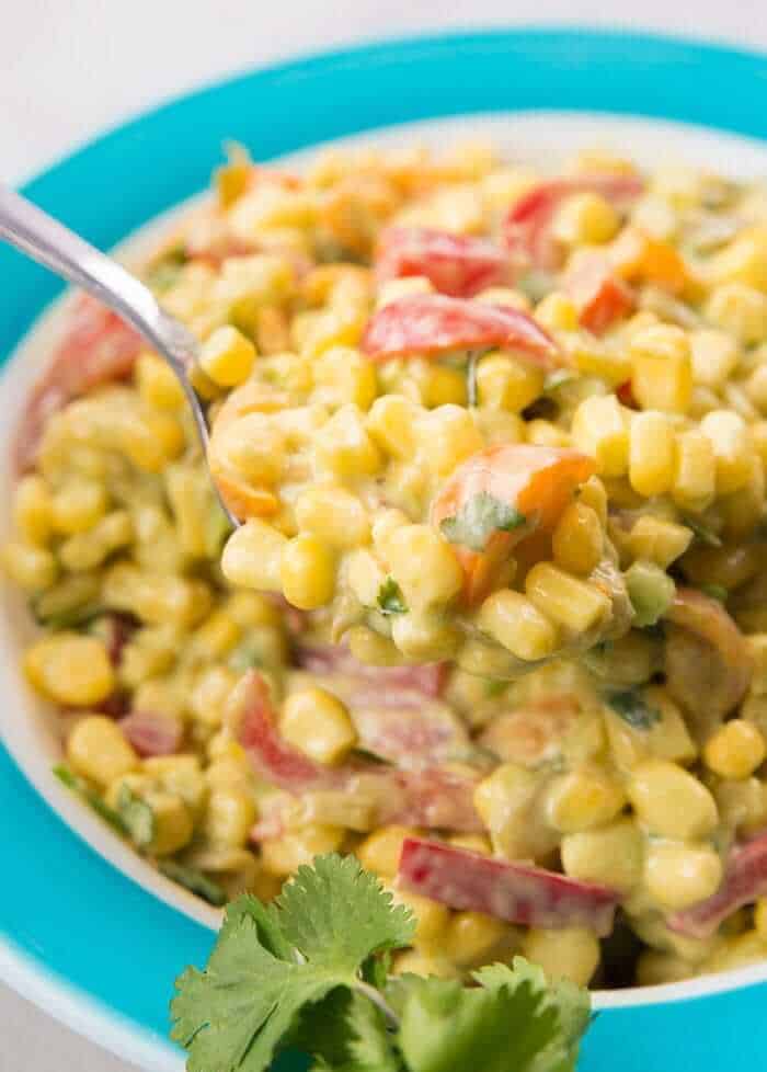 Close up of plate with Creamy Corn Salad with Green Chile Dressing