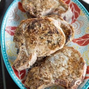 close up of Lemon Herb Grilled thick cut pork chops