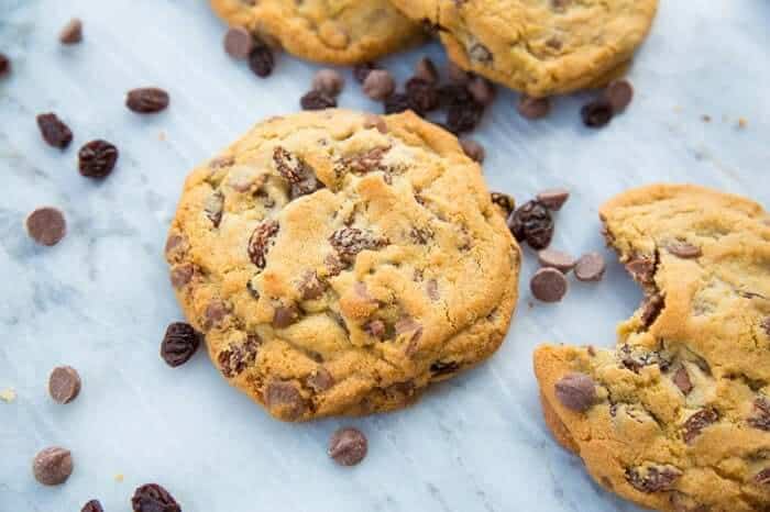 Milk Chocolate Chip Cookies with Raisins on Marble background