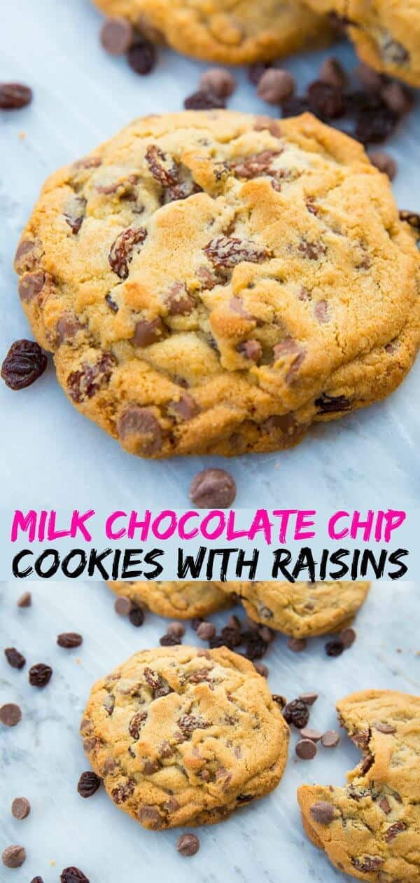 These Milk Chocolate Chip Cookies with Raisins taste like eating Glosette chocolate covered raisins in a cookie! If you love raisins, this is the chocolate chip cookie for you! #chocolate #cookie #recipe #raisins #chocolatechipcookie #dessert #baking 