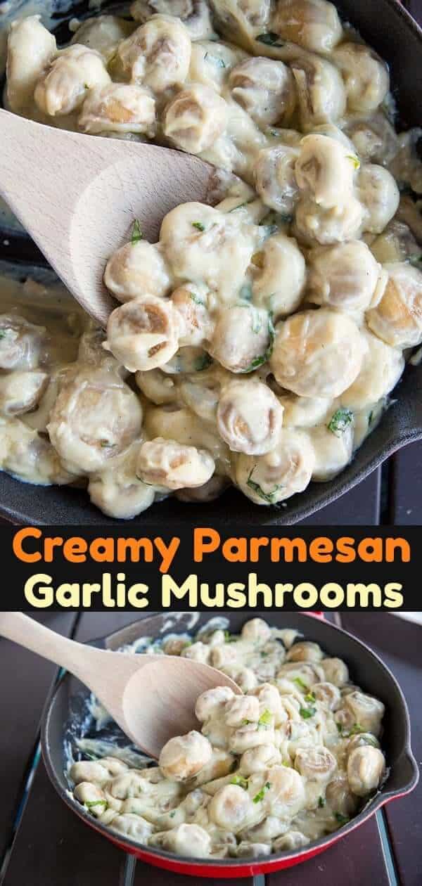 Rich and Creamy Parmesan Garlic Sauteed Mushrooms ! Also known as fried mushroom crack, these sauteed mushrooms are covered in a rich, decadent Parmesan garlic cream sauce! #mushrooms #mushroom #friedmushrooms #recipe #cooking #skillet #appetizer #sidedish #