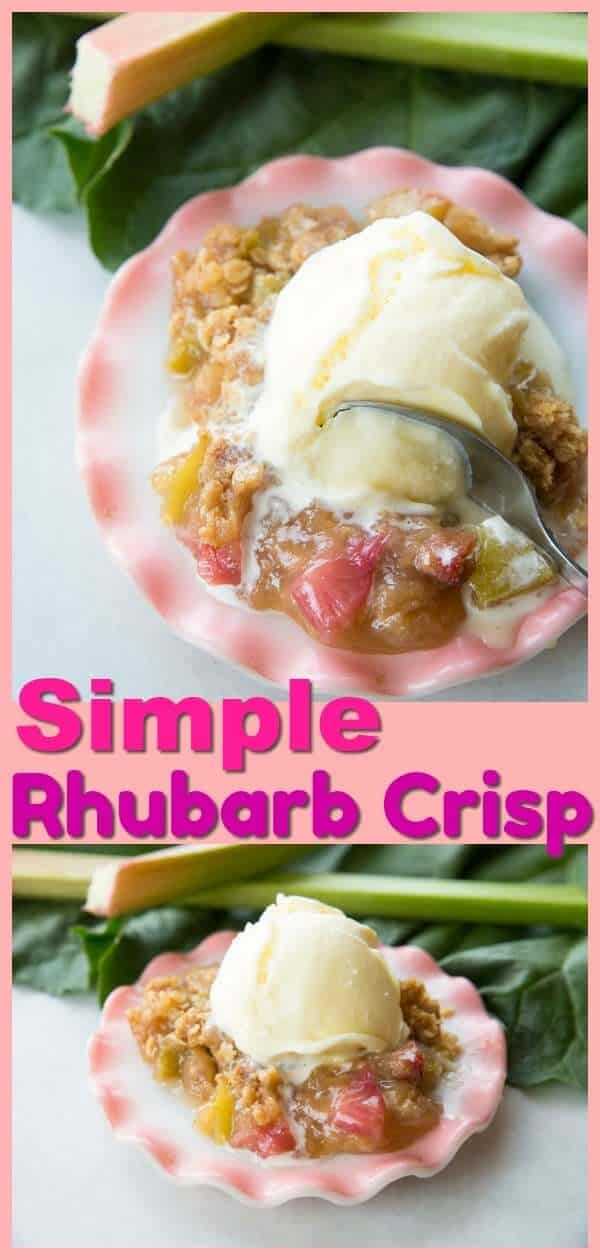 Rhubarb Crisp is the best way to use up springtime rhubarb! This recipe is my family's favorite and you do not cook the filling ahead of time with this recipe! #rhubarb #recipe #baking #sweet #dessert #recipes #crisp #spring #summer 