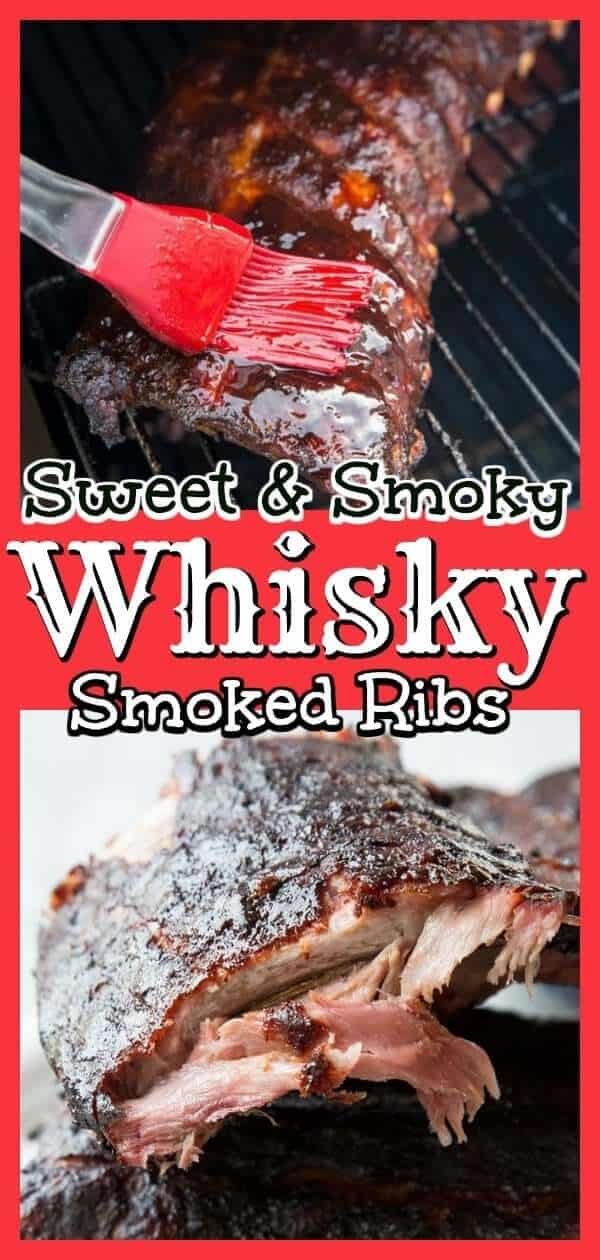 These Sweet and Smoky Whisky Smoked Ribs will have your mouth watering and your taste buds clamoring for more. This three ingredient recipe is super easy to make too! #ribs #BBQ #smoker #rib #grilling #smokerrecipe #woodsmoked #porkribs #picnic #summer 