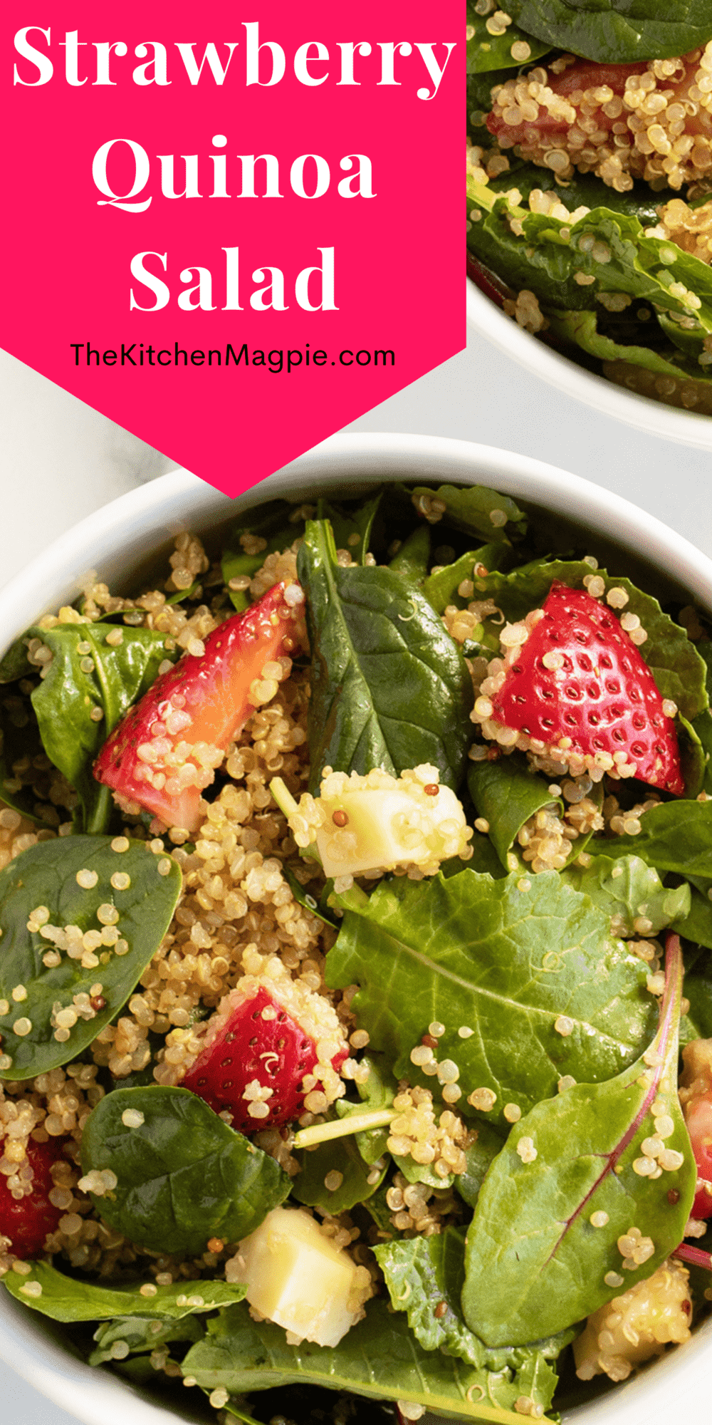 Decadent strawberry salad with brie cheese,quinoa kale, chard & spinach. Top with a sweet grainy mustard vinaigrette.