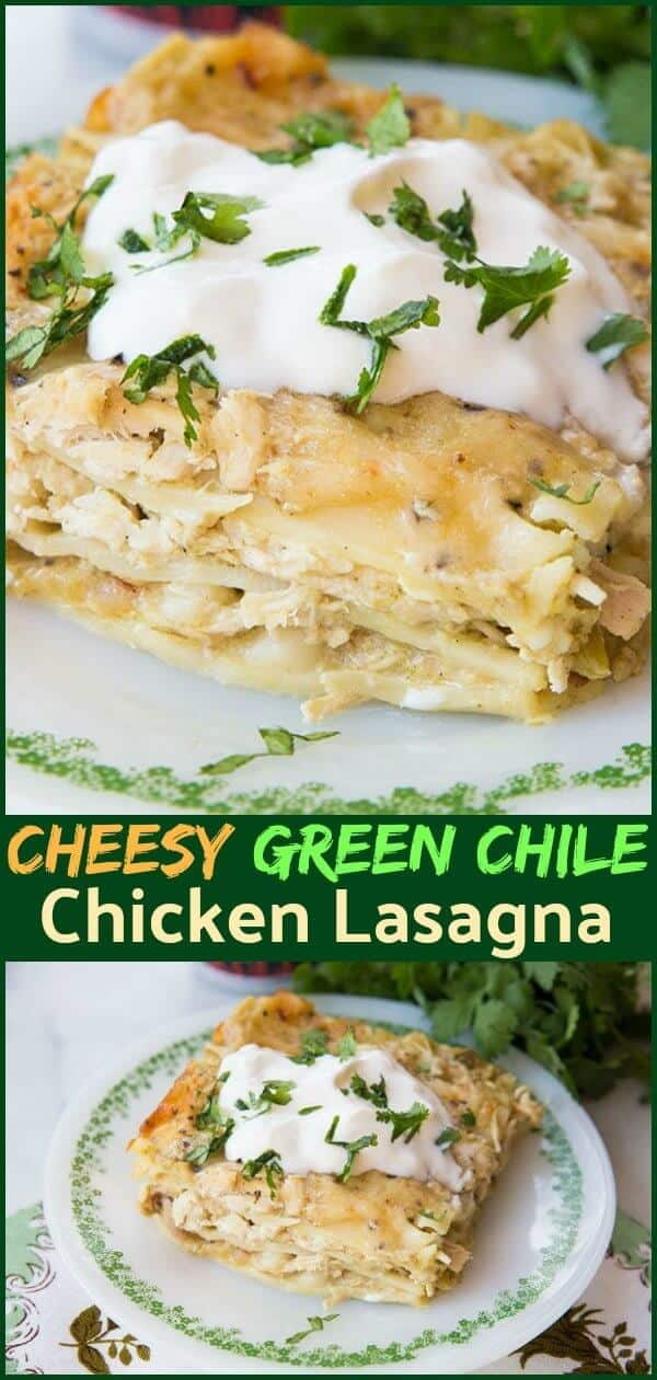 This Cheesy Green Chile Chicken Lasagna is packed with cheese, green chiles in a sour cream sauce and rotisserie chicken! This is a delicious, easy dinner that your entire family will love! #dinner #recipe #chicken #rotisseriechicken #greenchiles #spicy #sourcream #lasagna #cilantro #cheese #pasta #noodles 