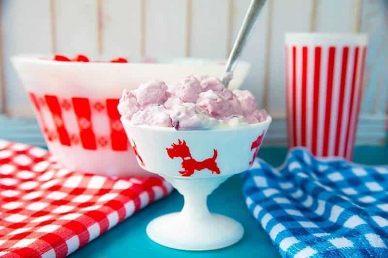 Red, White and Blueberry Pie Marshmallow Fluff in red and blue cloth background